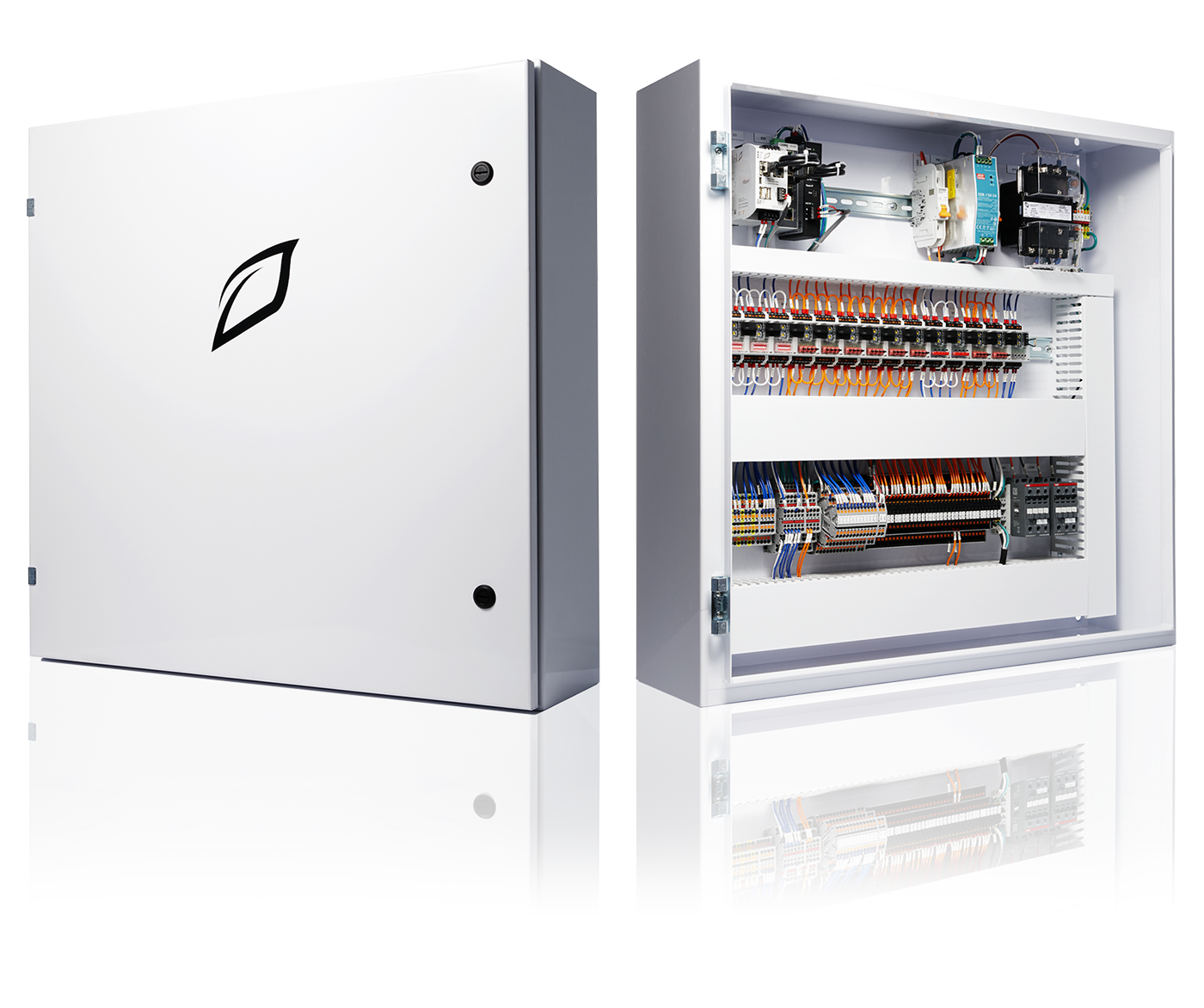 Growlink Core Controller — closed and open cabinet showing industrial wiring and BACnet I/O